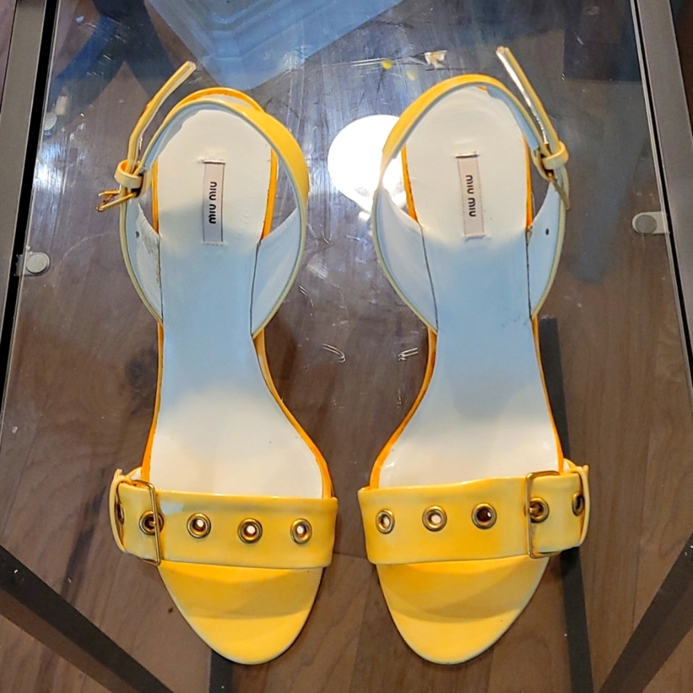 Miu Miu yellow patent wedge heels. Size 7